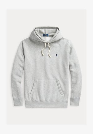 Hellgrau Polo Ralph Lauren Hoodie mit Kängurutasche, Kapuze mit Kordelzug und dunkelblauem, gesticktem Logo auf der linken Brust.
