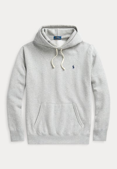 Felpa grigia chiaro di Polo Ralph Lauren con tasca a marsupio, cappuccio con cordino e logo ricamato blu navy sul lato sinistro del petto.
