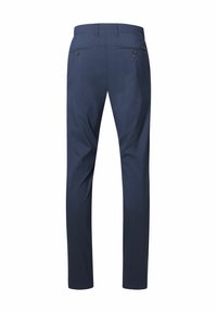 Mittelblaue Hose mit glatter Textur, flachem Bund, zwei Gesäßtaschen mit Knöpfen und geradem Bein.