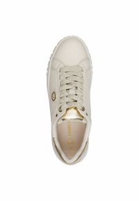 White sneaker with textured panels, lace-up design, metallic gold accents, and a padded collar for comfort. Logo at the heel.