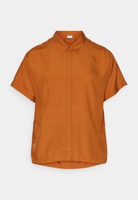 Short-sleeve orange shirt made of lightweight fabric, featuring a button front, collar, and a slightly rounded hemline.