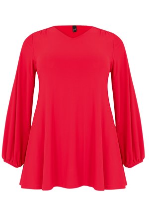 Rote Bluse mit langen Ärmeln, V-Ausschnitt, voluminösen Ärmeln und fließender Silhouette. Aus glattem Stoff gefertigt, mit elastischen Bündchen.