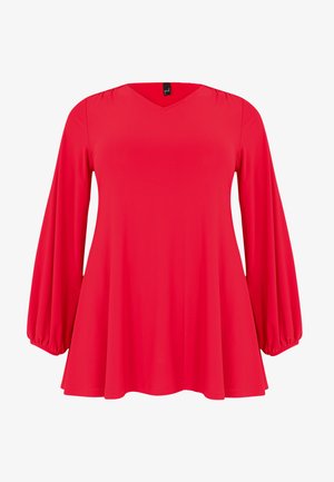 Rote Bluse mit langen Ärmeln, V-Ausschnitt, voluminösen Ärmeln und fließender Silhouette. Aus glattem Stoff gefertigt, mit elastischen Bündchen.