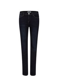 Donkerblauwe denim skinny jeans met een getailleerd ontwerp, vijf zakken en subtiele contraststiksels. Voorzien van een knoopsluiting en riemlussen.