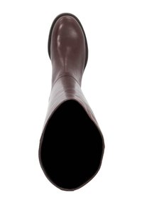 Knee-high burgundy rubber boot with a smooth, glossy surface. Designed with a round toe and a textured sole for traction.