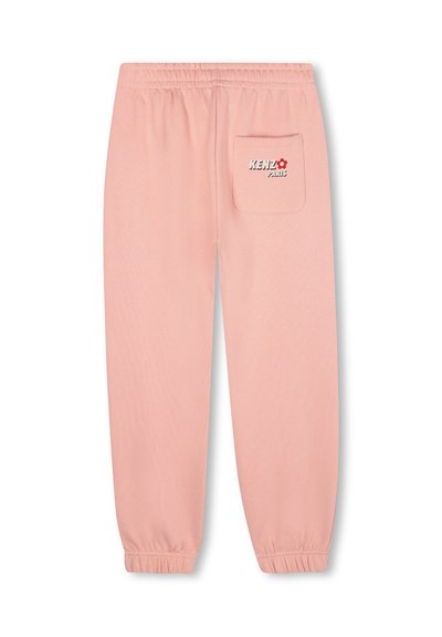 Pantalons de survêtement rose avec taille élastique et poignets élastiques, dotés d'une poche arrière comprenant un logo "KENZO PARIS" en blanc et un détail de fleur rouge.