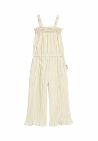 Lichtgewicht crème jumpsuit met een gesmokt lijfje, dunne bandjes en een gerimpelde zoom bij de enkel. Geweven stof met verticale plooien.