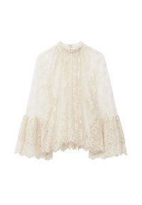 Spitzencape in Off-White mit hohem Kragen, weit auslaufenden Ärmeln und ausgeklügelten floralen Mustern. Der Saum hat eine gewellte Kante für zusätzliche Details.