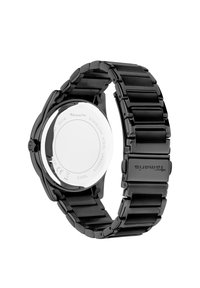 Sort rustfrit stål ur med en skinnende overflade, udstyret med en led-armbånd og et rundt urkasse med en synlig bagside i rustfrit stål.
