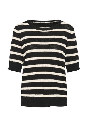 Juodai balta dryžuota trumpomis rankovėmis megztinis su apvaliu kaklu. Lengvas megztas audinys, laisvas kirpimas ir tekstūruotas paviršius.