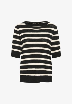 Juodai balta dryžuota trumpomis rankovėmis megztinis su apvaliu kaklu. Lengvas megztas audinys, laisvas kirpimas ir tekstūruotas paviršius.