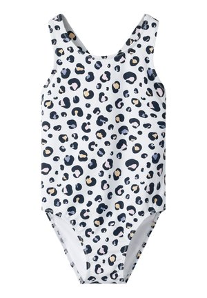 Bañador de una pieza blanco con estampado de leopardo en negro, gris y beige, sin mangas con tirantes anchos.