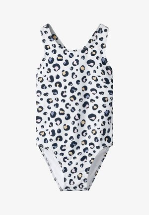 Bañador de una pieza blanco con estampado de leopardo en negro, gris y beige, sin mangas con tirantes anchos.