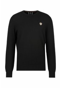 Schwarzer Strickpullover mit langen Ärmeln, Rundhalsausschnitt, gerippten Bündchen und Saum, ausgestattet mit einem kleinen Logopatch auf der Brust.