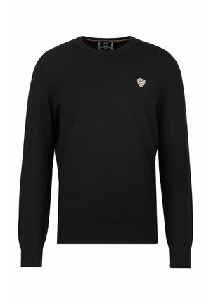 Zwarte gebreide trui met lange mouwen, ronde hals, geribbelde manchetten en zoom, met een klein logo op de borst.