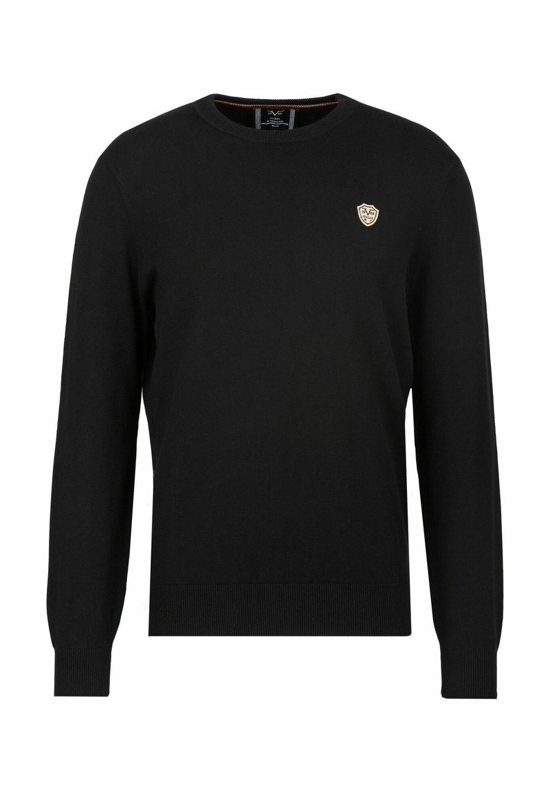 Schwarzer Strickpullover mit langen Ärmeln, Rundhalsausschnitt, gerippten Bündchen und Saum, ausgestattet mit einem kleinen Logopatch auf der Brust.