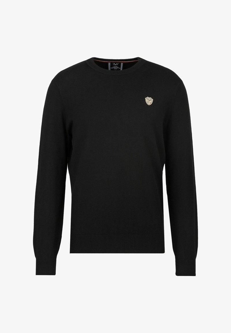 Schwarzer Strickpullover mit langen Ärmeln, Rundhalsausschnitt, gerippten Bündchen und Saum, ausgestattet mit einem kleinen Logopatch auf der Brust.