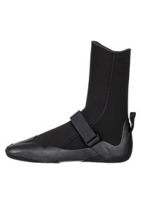 Black neoprene water shoes with a high shaft, rubber sole, and Velcro strap for secure fit, featuring a smooth texture and sleek design.