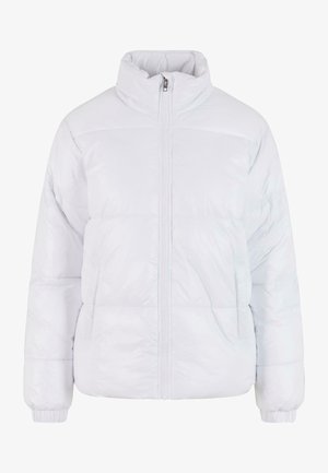 Giacca piumino bianca con collo alto, cerniera frontale e tasche laterali. Tessuto strutturato con una finitura liscia e polsini elasticizzati.