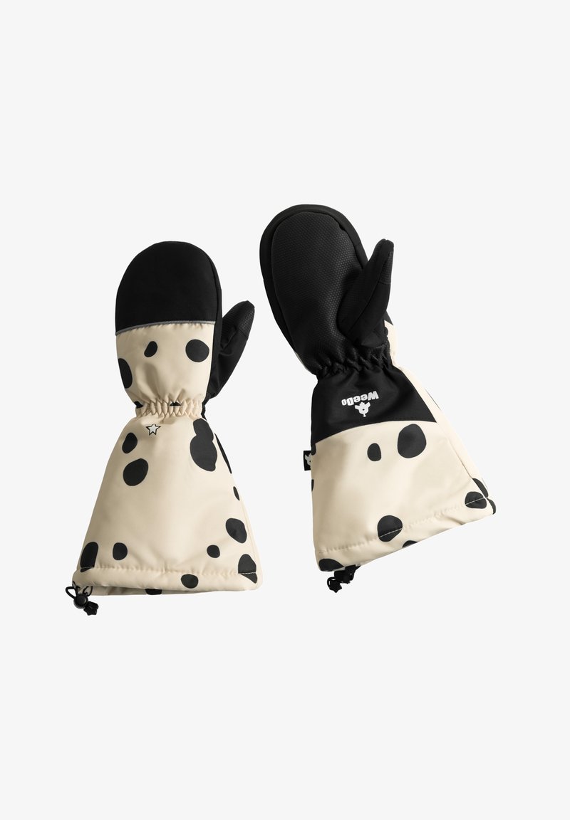 Beige mittens with black polka dots, waterproof material, elastic cuffs, and black palms for grip. Features logo detailing on the wrist.