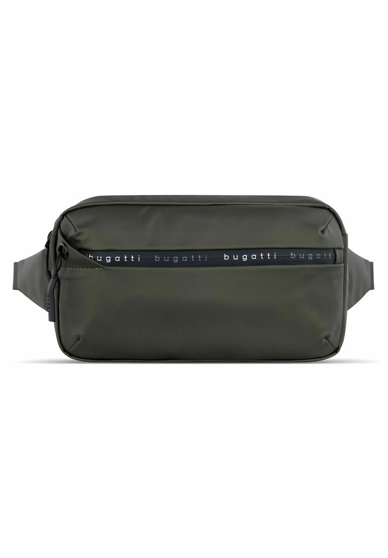 Olivgrüne rechteckige Tasche mit einer glatten, matten Textur. Verfügt über ein schwarzes Band mit dem "bugatti"-Logo, einem Reißverschluss und einem verstellbaren Tragegurt.