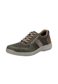 Men's sneaker in olive green with mesh panels, beige accents, and a side zipper. Features a molded sole for comfort and traction.