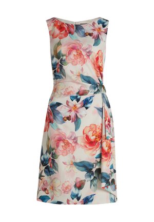 Blomstret ærmeløs kjole med nuancer af pink, orange og blå på en lys baggrund, med en vridningsdetalje ved taljen og en rund halsudskæring.