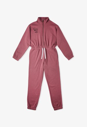 Tracksuit med lynlås i støvet rosa farve, lavet af blødt stof. Har høj krave, elastisk taljebånd og hvid snor. Trykt tekstdetalje.