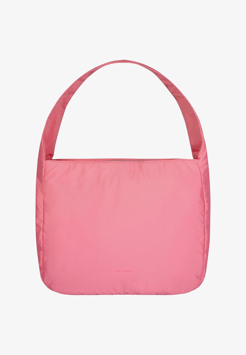 Roze nylon schoudertas, rechthoekige vorm met een gladde textuur, een brede band en een vlak ontwerp. Heeft de merknaam in kleine letters gedrukt.