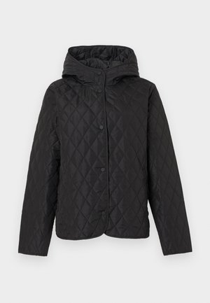Μαύρο μπουφάν με καπιτονέ ύφασμα, κουκούλα και κουμπιά με πάτημα, με ραφές σε σχήμα διαμαντιού και μακριά μανίκια.