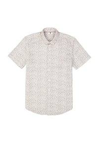Korte mouwen overhemd met knopen in lichtbeige met een bloemenpatroon. Beschikt over een klassieke kraag en een rechte zoom. Zachte, gladde textuur.