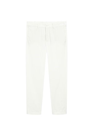 Pantalon en coton blanc avec une coupe droite, doté d'une fermeture éclair et d'un bouton à l'avant, ainsi que de poches frontales. Texture lisse, sans motifs.