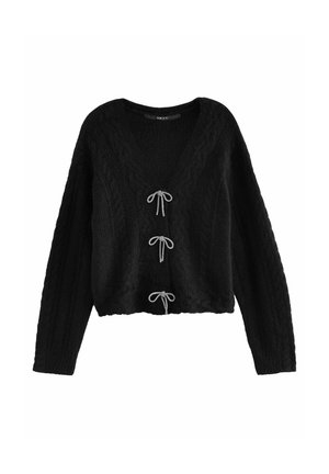 Cardigan court en maille noire à manches longues, trois liens de fermeture à l'avant et col en V.
