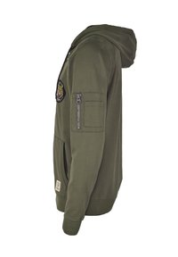 Olijfgroene hoodie met een ritszak op de mouw, een voorzak in kangoeroestijl en een tijgerpatch op de borst. Zacht materiaal, casual pasvorm.