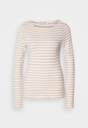 Langermet skjorte i beige og hvite horisontale striper, rund hals, myk stoff, formtilpasset design, med en etikett merket "Marc O'Polo."