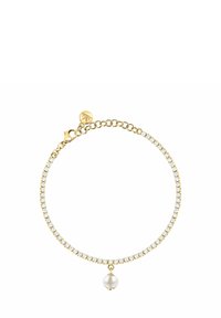 Bracciale in oro con catena di pietre trasparenti e pendente in perla bianca. Chiusura regolabile con un piccolo charm attaché.