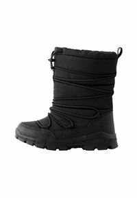 Zwarte winterlaars met een gevoerde bovenkant, een gestructureerde rubberen zool, verstelbare veters en een hoog ontwerp. Heeft een verstevigde neus en hak.