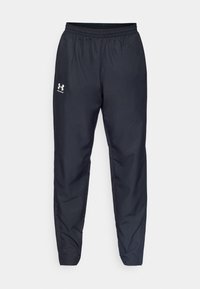 Schwarze Sporthose mit elastischem Bund. Hergestellt aus leichtem, glatten Material. Mit einem weißen Logo auf der linken Seite.