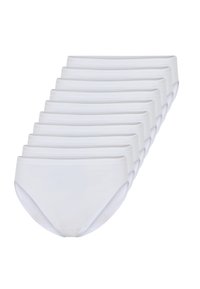 Hvide bomuldsboxershorts arrangeret i en række, med en glat tekstur, elastisk talje og en klassisk snit. Pakke med ti.