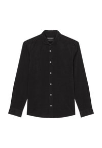 Camisa de pana negra de manga larga, con botones en la parte delantera y botones blancos; tejido texturizado y cuello puntiagudo.