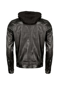 Sort læderjakke med hætte, der har en glat overflade, lynlåslommer og tætsiddende snit, vist fra ryggen.