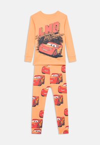 Orange long-sleeve toddler pajamas featuring multiple red Lightning McQueen cars and "LMQ Lightning McQueen" text on the top.