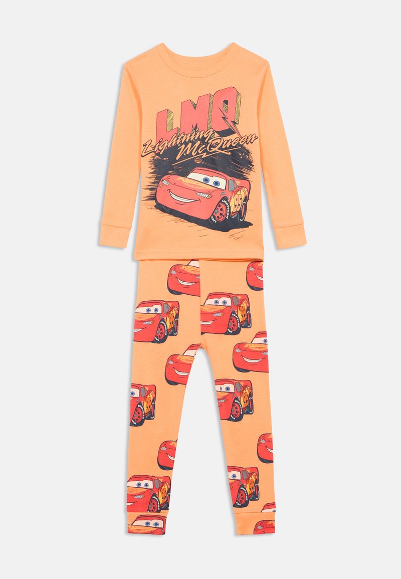 Orange long-sleeve toddler pajamas featuring multiple red Lightning McQueen cars and "LMQ Lightning McQueen" text on the top.