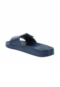 Infradito blu navy realizzati in plastica leggera, con una superficie liscia, design aperto sulla punta e una comoda fascia ampia sopra il piede.