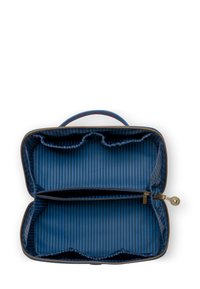 Blue zippered toiletry bag with a textured fabric exterior and striped fabric lining. Features two compartments with elastic holders and a carry handle.