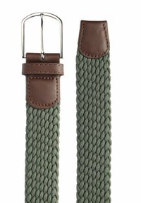 Joustava kudottu vyö oliivinvihreänä ruskeilla nahkaosuuksilla. Varustettu hopeanvärisellä metallisoljella ja vahvistetuilla nahcapäillä kestävyydelle.
