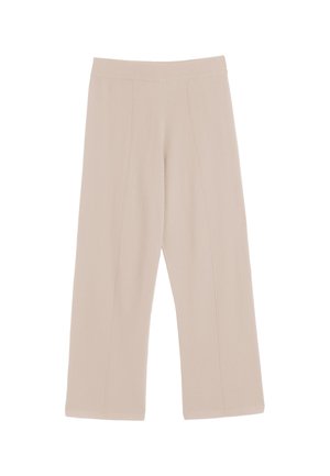 Pantaloni beige a gamba larga con una texture liscia, vita elastica e dettagli delle cuciture discreti. Realizzati in un tessuto leggero e morbido.