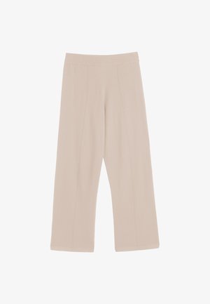 Pantaloni beige a gamba larga con una texture liscia, vita elastica e dettagli delle cuciture discreti. Realizzati in un tessuto leggero e morbido.