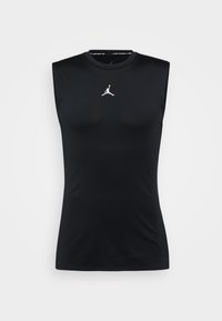 Zwarte mouwloze sporttop met een witte Jumpman-logo gecentreerd onder de ronde halslijn tegen een effen lichte achtergrond.