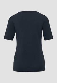 Marineblauwe katoenen t-shirt met korte mouwen, een ronde halslijn en een gladde textuur. Heeft een eenvoudig, onversierd ontwerp.